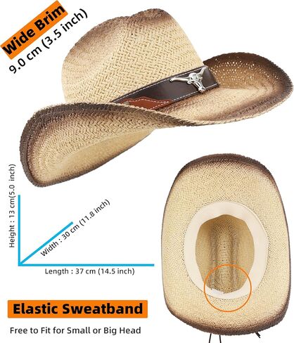 قبعة رعاة البقر من القش الغربي للنساء والرجال، قبعة راعية البقر للشاطئ الشمسي، حافة واسعة، نمط تجعد رجل الماشية in Kuwait