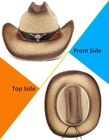 قبعة رعاة البقر من القش الغربي للنساء والرجال، قبعة راعية البقر للشاطئ الشمسي، حافة واسعة، نمط تجعد رجل الماشية in Kuwait