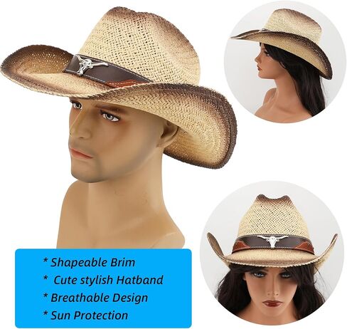 قبعة رعاة البقر من القش الغربي للنساء والرجال، قبعة راعية البقر للشاطئ الشمسي، حافة واسعة، نمط تجعد رجل الماشية in Kuwait
