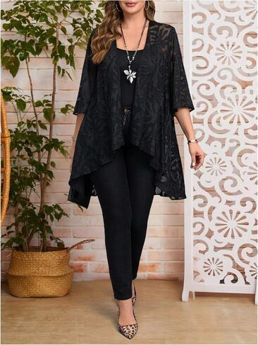 OYOANGLE Women's Plus Size Lace Sheer Open Front Cardigan Lightweight 3/4 Sleeve Ruffle Kimono Outerwear in Saudi Arabia