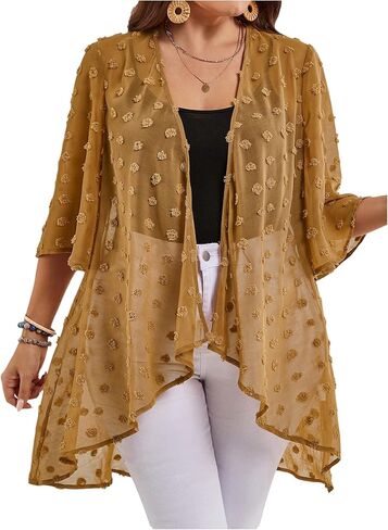 OYOANGLE Women's Plus Size Lace Sheer Open Front Cardigan Lightweight 3/4 Sleeve Ruffle Kimono Outerwear in Saudi Arabia