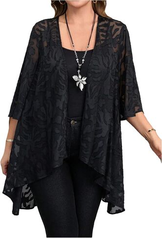 OYOANGLE Women's Plus Size Lace Sheer Open Front Cardigan Lightweight 3/4 Sleeve Ruffle Kimono Outerwear in Saudi Arabia