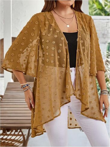 OYOANGLE Women's Plus Size Lace Sheer Open Front Cardigan Lightweight 3/4 Sleeve Ruffle Kimono Outerwear in Saudi Arabia