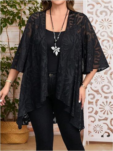 OYOANGLE Women's Plus Size Lace Sheer Open Front Cardigan Lightweight 3/4 Sleeve Ruffle Kimono Outerwear in Saudi Arabia