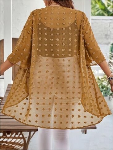 OYOANGLE Women's Plus Size Lace Sheer Open Front Cardigan Lightweight 3/4 Sleeve Ruffle Kimono Outerwear in Saudi Arabia