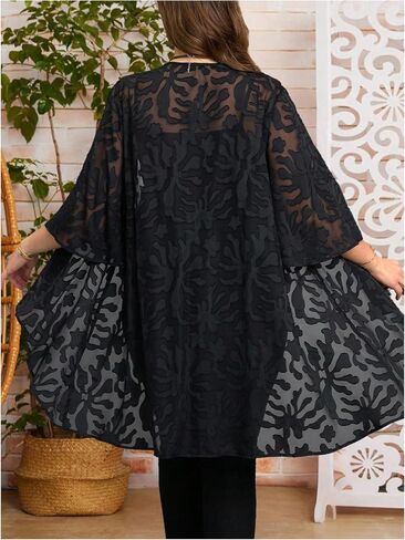 OYOANGLE Women's Plus Size Lace Sheer Open Front Cardigan Lightweight 3/4 Sleeve Ruffle Kimono Outerwear in Saudi Arabia