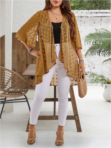OYOANGLE Women's Plus Size Lace Sheer Open Front Cardigan Lightweight 3/4 Sleeve Ruffle Kimono Outerwear in Saudi Arabia