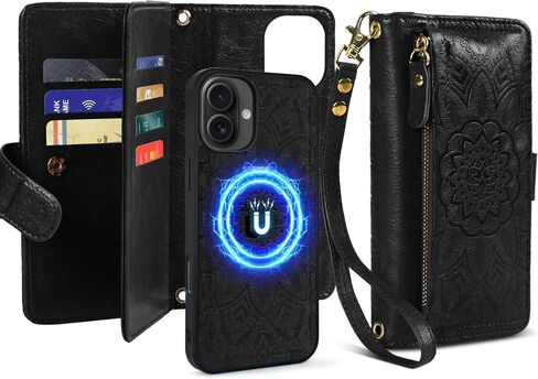 Harryshell for iPhone 16 Plus 6.7 inch Detachable Magnetic Case Wallet,Compatible with Magsafe Wireless Charging, [Theft-Scan Blocking] Card Slots, Cash Zipper Pocket Wrist Strap (Floral Purple) in Kuwait