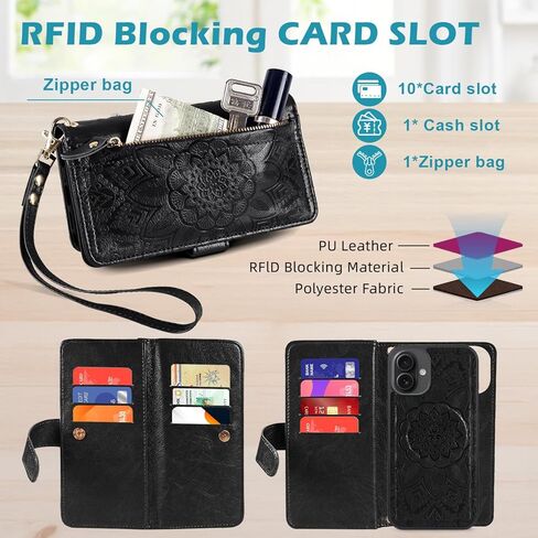 Harryshell for iPhone 16 Plus 6.7 inch Detachable Magnetic Case Wallet,Compatible with Magsafe Wireless Charging, [Theft-Scan Blocking] Card Slots, Cash Zipper Pocket Wrist Strap (Floral Purple) in Kuwait