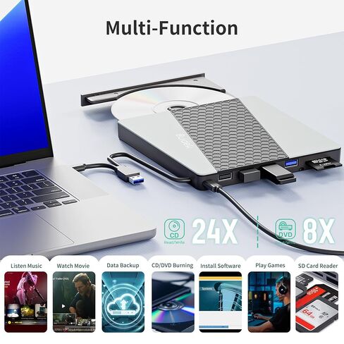 External CD DVD Drive, Ultra Slim Portable CD Player for Laptop CD DVD +/-RW Burner with SD Card Reader USB 3.0 Type C Hub Compatible with Laptop PC Windows Linux in Kuwait