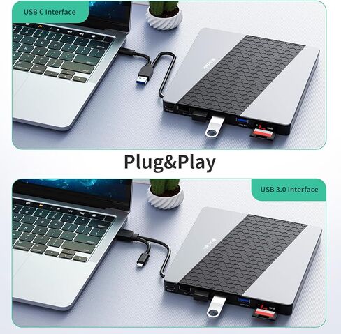 External CD DVD Drive, Ultra Slim Portable CD Player for Laptop CD DVD +/-RW Burner with SD Card Reader USB 3.0 Type C Hub Compatible with Laptop PC Windows Linux in Kuwait