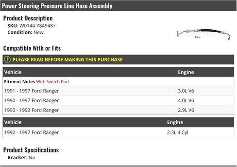 Power Steering Pressure Line Hose Assembly - Compatible with 1990-1997 Ford Ranger in Saudi Arabia