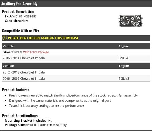 Dual Radiator Fan Assembly - Compatible with 2006-2013 Chevy Impala (Fits 2006-2011 3.9L V6 Models with Police Package) in Saudi Arabia