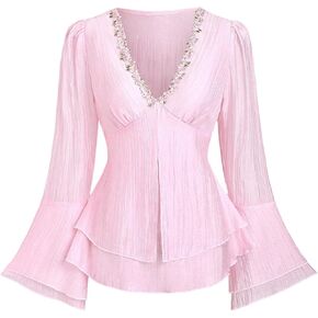 SOLY HUX Women's V Neck Bell Long Sleeve Peplum Tops Embroidery Layered Flowy Blouse in Kuwait
