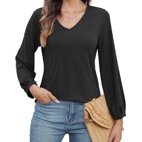 قمصان نسائية أنيقة برقبة على شكل V وأكمام طويلة وقمصان فضفاضة وأكمام منتفخة وبلوزات عمل غير رسمية ملابس خريفية أنيقة in Kuwait