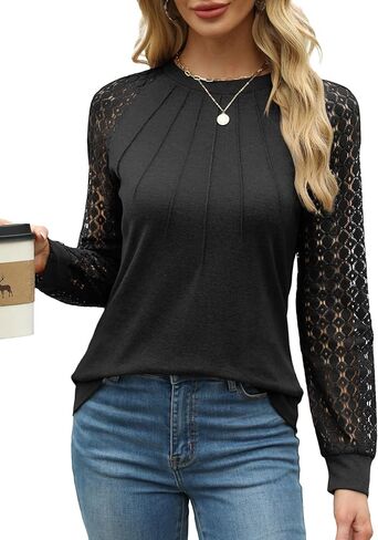 Womens Tops Dressy Business Casual Blouses Cute Soft Lace Long Sleeve Work Shirts Fall Clothes in Kuwait