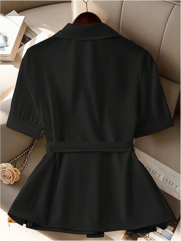 بلوزة نسائية من SweatyRocks ذات ثنيات وأكمام قصيرة من الشيفون وياقة وأزرار سفلية من Peplum in Kuwait