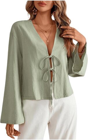 SHENHE Women's Bow Tie Front Shirts Casual Long Sleeve V Neck Loose Blouse Tops in Saudi Arabia