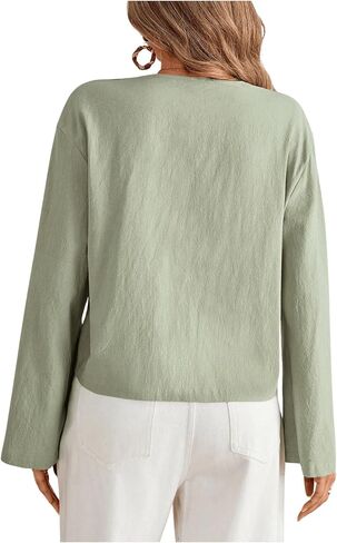 SHENHE Women's Bow Tie Front Shirts Casual Long Sleeve V Neck Loose Blouse Tops in Saudi Arabia
