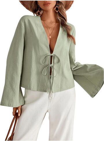 SHENHE Women's Bow Tie Front Shirts Casual Long Sleeve V Neck Loose Blouse Tops in Saudi Arabia