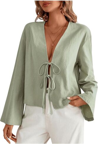 SHENHE Women's Bow Tie Front Shirts Casual Long Sleeve V Neck Loose Blouse Tops in Saudi Arabia