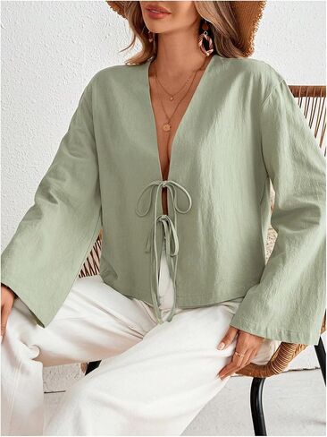 SHENHE Women's Bow Tie Front Shirts Casual Long Sleeve V Neck Loose Blouse Tops in Saudi Arabia