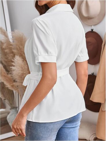 بلوزة نسائية من SweatyRocks ذات ثنيات وأكمام قصيرة من الشيفون وياقة وأزرار سفلية من Peplum in Saudi Arabia