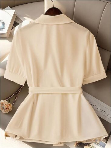 بلوزة نسائية من SweatyRocks ذات ثنيات وأكمام قصيرة من الشيفون وياقة وأزرار سفلية من Peplum in Kuwait