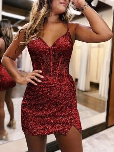Noras dress Sequin Spaghetti Straps Homecoming Dress Short Wine Red Bodycon Corset Waist Cocktail Dresses for Teens 2 in Saudi Arabia