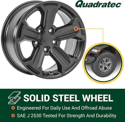 عجلة ريكون Quadratec مقاس 17 بوصة، باللون الأسود الساتان - نمط مسمار 5x5 مع مساحة خلفية 5.2 بوصة - 17x8.5 (+11 مم إزاحة) - تناسب Jeep JT، WJ، WK، WK2، JK، JL، JKU، JLU 1999-2022 - عجلة مركزية بغطاء مركزي in Saudi Arabia