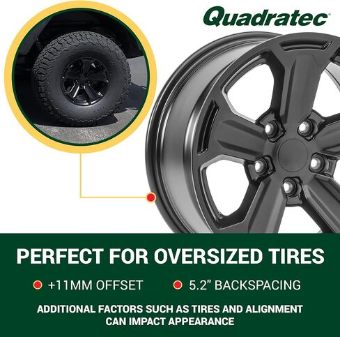 عجلة ريكون Quadratec مقاس 17 بوصة، باللون الأسود الساتان - نمط مسمار 5x5 مع مساحة خلفية 5.2 بوصة - 17x8.5 (+11 مم إزاحة) - تناسب Jeep JT، WJ، WK، WK2، JK، JL، JKU، JLU 1999-2022 - عجلة مركزية بغطاء مركزي in Saudi Arabia