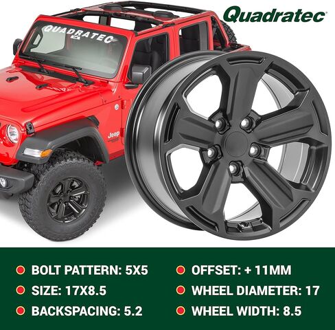 عجلة ريكون Quadratec مقاس 17 بوصة، باللون الأسود الساتان - نمط مسمار 5x5 مع مساحة خلفية 5.2 بوصة - 17x8.5 (+11 مم إزاحة) - تناسب Jeep JT، WJ، WK، WK2، JK، JL، JKU، JLU 1999-2022 - عجلة مركزية بغطاء مركزي in Saudi Arabia