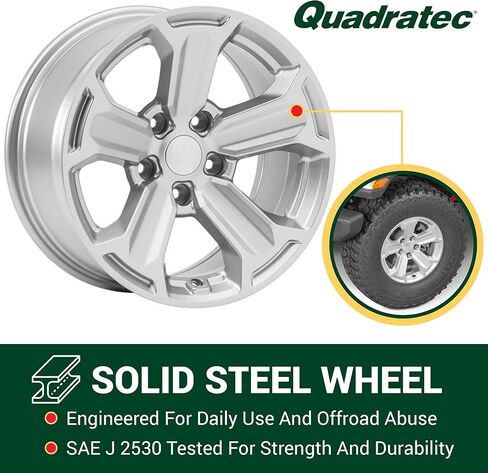 عجلة ريكون Quadratec مقاس 17 بوصة، باللون الأسود الساتان - نمط مسمار 5x5 مع مساحة خلفية 5.2 بوصة - 17x8.5 (+11 مم إزاحة) - تناسب Jeep JT، WJ، WK، WK2، JK، JL، JKU، JLU 1999-2022 - عجلة مركزية بغطاء مركزي in Kuwait