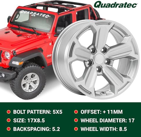 عجلة ريكون Quadratec مقاس 17 بوصة، باللون الأسود الساتان - نمط مسمار 5x5 مع مساحة خلفية 5.2 بوصة - 17x8.5 (+11 مم إزاحة) - تناسب Jeep JT، WJ، WK، WK2، JK، JL، JKU، JLU 1999-2022 - عجلة مركزية بغطاء مركزي in Kuwait