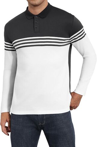 Men's Polo Shirts Long Sleeve Vintage Striped Golf Polo Casual Collared Slim Fit Cotton Shirts in Kuwait