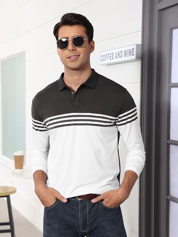 Men's Polo Shirts Long Sleeve Vintage Striped Golf Polo Casual Collared Slim Fit Cotton Shirts in Kuwait