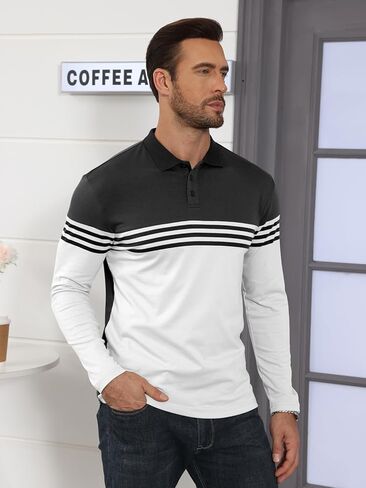 Men's Polo Shirts Long Sleeve Vintage Striped Golf Polo Casual Collared Slim Fit Cotton Shirts in Kuwait