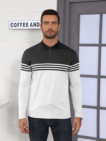 Men's Polo Shirts Long Sleeve Vintage Striped Golf Polo Casual Collared Slim Fit Cotton Shirts in Kuwait