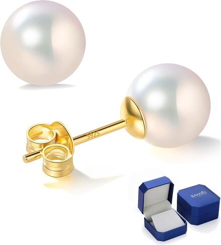 Akoya Cultured Pearl Earrings Round – 925 Sterling Silver Hypoallergenic Pearl Studs for Women in Kuwait