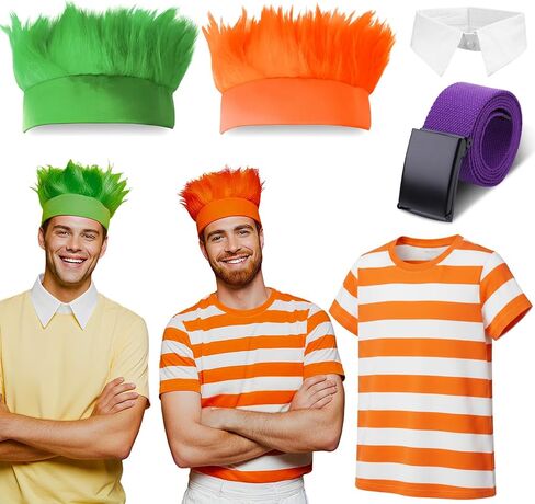 Jecery 5 Pcs Halloween Brothers Costume Adults with Striped T-shirt Orange and Green Hairy Headband Fake Collar Purple Belt in Saudi Arabia