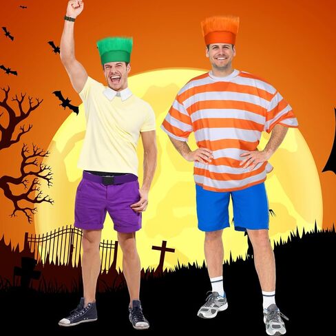 Jecery 5 Pcs Halloween Brothers Costume Adults with Striped T-shirt Orange and Green Hairy Headband Fake Collar Purple Belt in Saudi Arabia