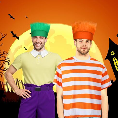 Jecery 5 Pcs Halloween Brothers Costume Adults with Striped T-shirt Orange and Green Hairy Headband Fake Collar Purple Belt in Saudi Arabia