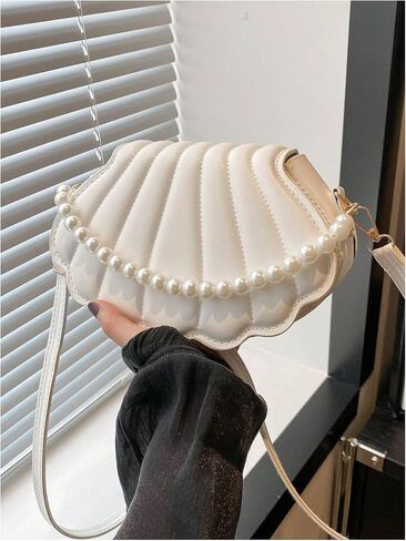 MakeMeChic Women's Seashell Shape Pearl Croccbody Handbag Leather Flap Adjustable Strap Shoulder Bag in Saudi Arabia