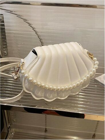 MakeMeChic Women's Seashell Shape Pearl Croccbody Handbag Leather Flap Adjustable Strap Shoulder Bag in Saudi Arabia