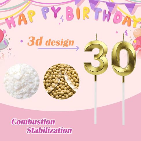 30th Birthday Candles for Cake, Number Candles Decoration, Gold Birthday Cake Toppers for Men Women Anniversary Celebration (30th, Gold) in Saudi Arabia