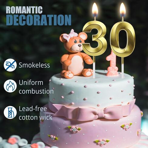 30th Birthday Candles for Cake, Number Candles Decoration, Gold Birthday Cake Toppers for Men Women Anniversary Celebration (30th, Gold) in Saudi Arabia