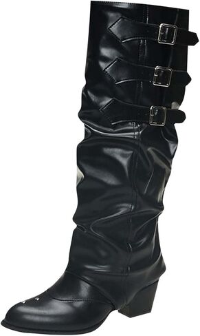Knee High Boots for Women Fold Over Wide Calf Pull On Boots Goth Rave Buckle Strap Mid Heel Combat Shoes for Riding in Saudi Arabia
