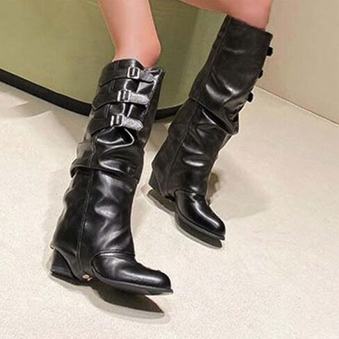 Knee High Boots for Women Fold Over Wide Calf Pull On Boots Goth Rave Buckle Strap Mid Heel Combat Shoes for Riding in Saudi Arabia
