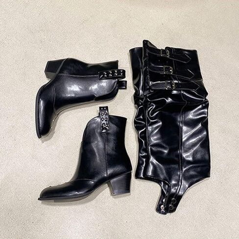 Knee High Boots for Women Fold Over Wide Calf Pull On Boots Goth Rave Buckle Strap Mid Heel Combat Shoes for Riding in Saudi Arabia