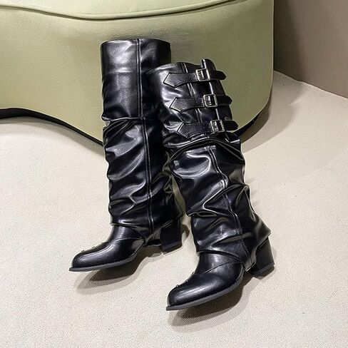 Knee High Boots for Women Fold Over Wide Calf Pull On Boots Goth Rave Buckle Strap Mid Heel Combat Shoes for Riding in Saudi Arabia